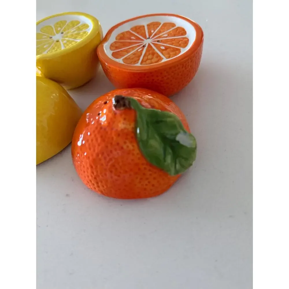 Vintage Ceramic Citrus Salt Pepper Shakers Set, Lemon Orange Kitchen Decor